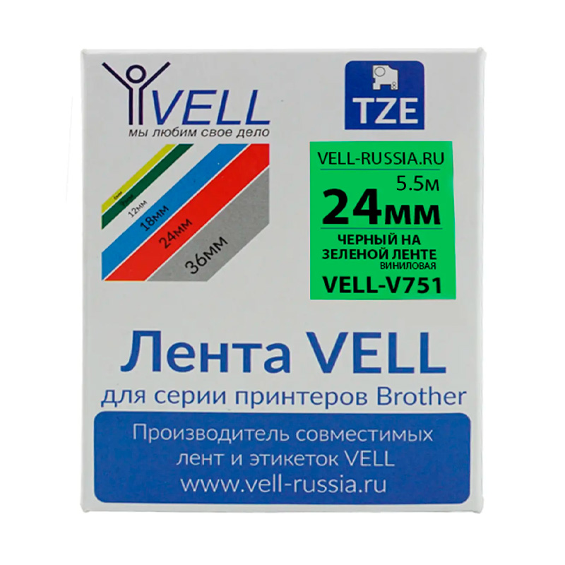 Фото Лента виниловая Vell V-751 (24 мм, черный на зеленом) для PT D600/2700/P700/P750/ PTE550/9700/P900 {Vell-V751}