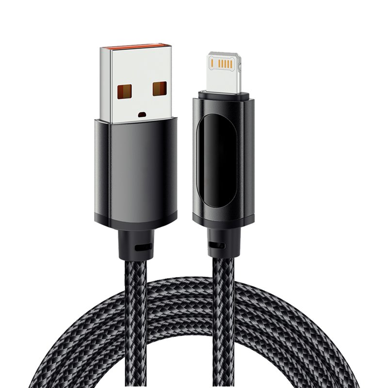 Фото Кабель USB-A – Lightning для Apple, 2,4А, 1м, в черной нейлоновой оплетке, c LED дисплеем REXANT {18-7062}