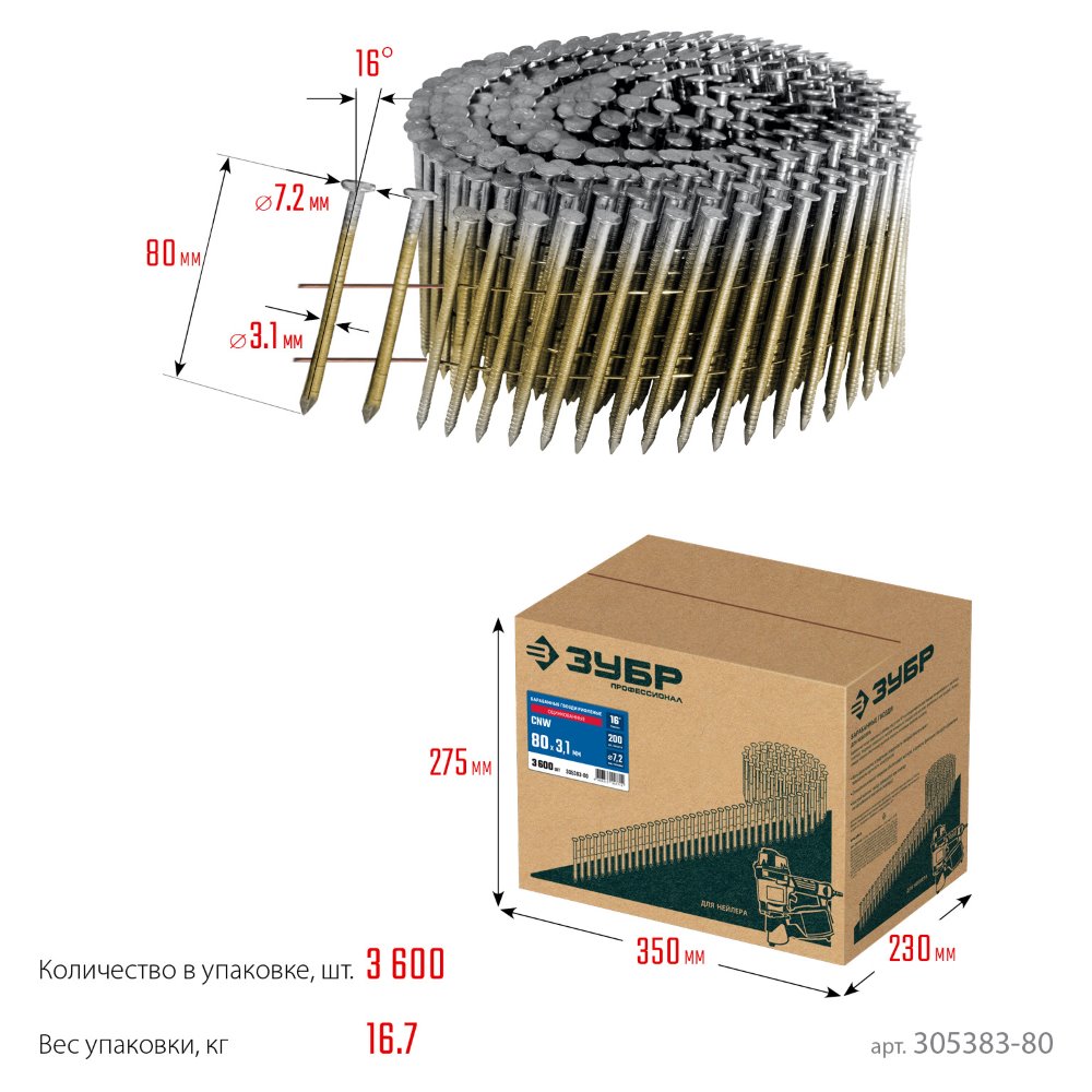 Фото Барабанные гвозди рифленые оцинкованные ЗУБР CNW 80 х 3.1 мм, 3600 шт {305383-80} (2)