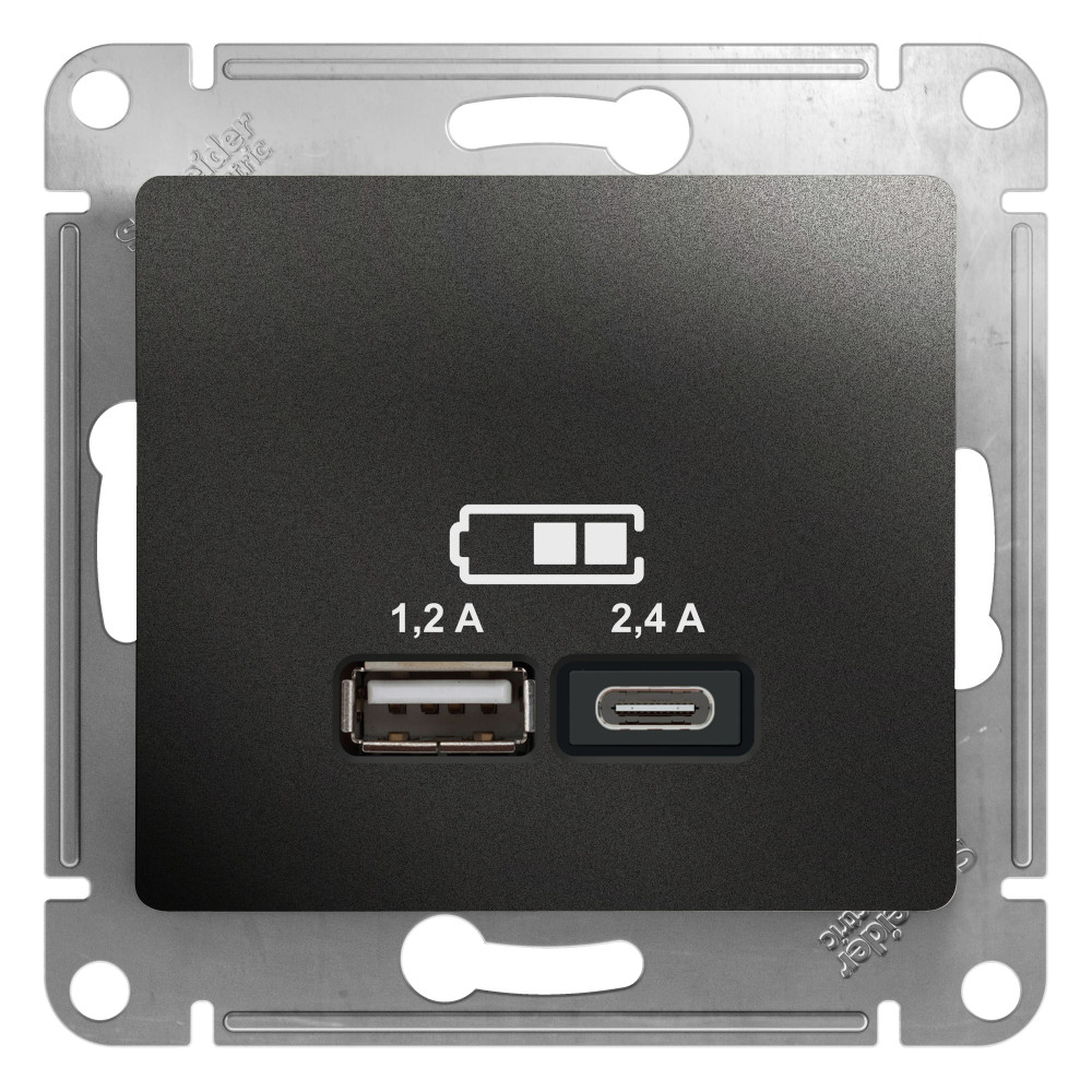 Фото USB розетка A+с GLOSSA, 5в/2,4а, 2х5в/1,2 а, механизм, антрацит {GSL000739}