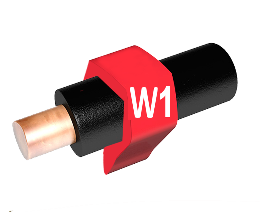 Фото Маркеры многознаковые Partex PA-2 на провода и кабели 2.5-16.0 мм², символ "W1", Ø 4.0-10.0 мм, красный/белый (пачка 100 шт.) {PA-20006AV29.W1}