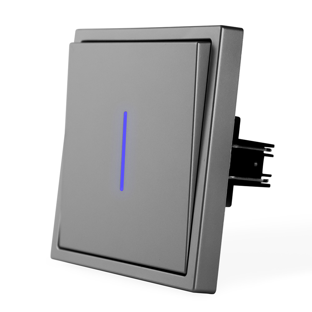 Фото Выключатель c подсветкой серый, одноклавишный, 1 пост, с тонкой пластиковой рамкой Vell EchoGrand {GY1P-1L-EchoGrand}