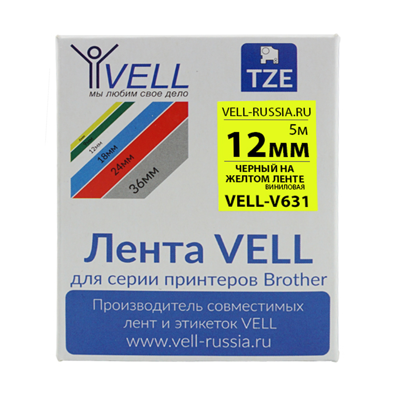 Фото Лента виниловая Vell V-631 (12 мм, черный на желтом) для PT 1010/1280/D200/H105/E100/ D600/E300/2700/ P700/E550/9700 {Vell-V631}