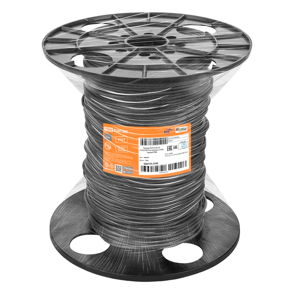 Фото Провод ПуГВ нг(А)-LS 1х10,0 ГОСТ на катушке, черный TDM {SQ0124-2598} (1)