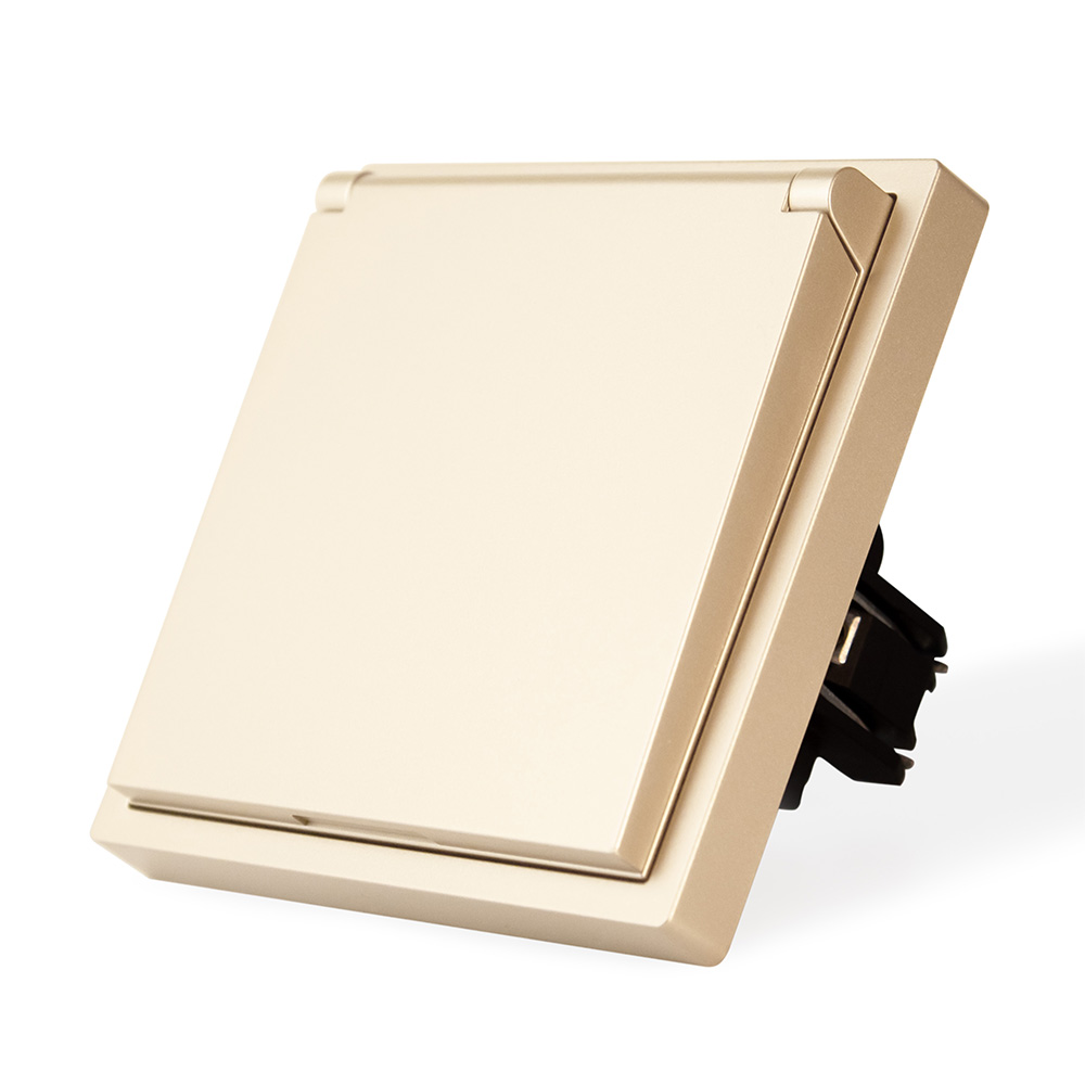 Фото Розетка золотая, электрическая с защитной крышкой, 1 пост, с тонкой пластиковой рамкой Vell {GD-EUW-Grand} (3)