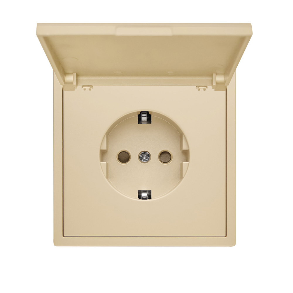 Фото Розетка золотая, электрическая с защитной крышкой, 1 пост, с тонкой пластиковой рамкой Vell {GD-EUW-Grand} (5)