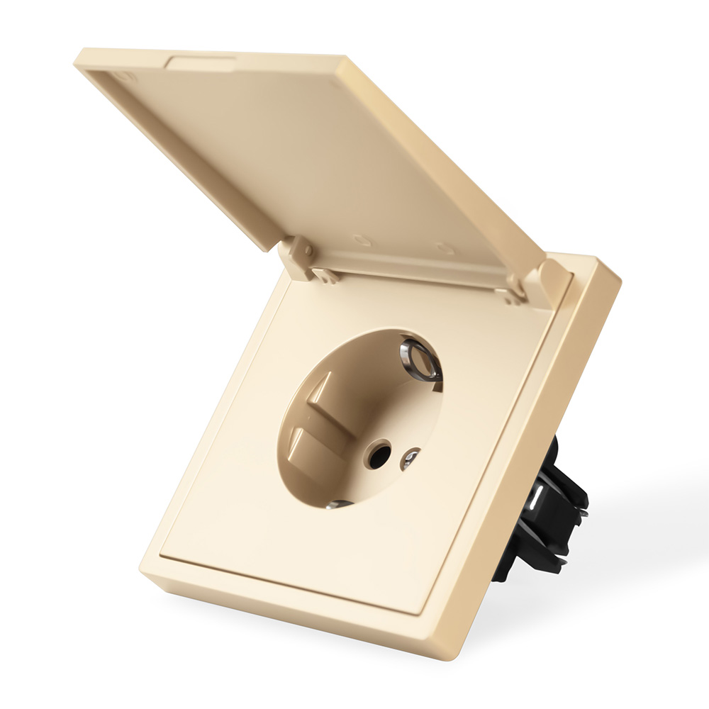 Фото Розетка золотая, электрическая с защитной крышкой, 1 пост, с тонкой пластиковой рамкой Vell {GD-EUW-Grand}