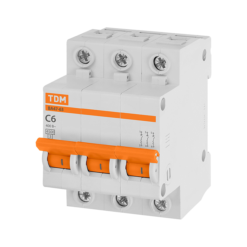 Фото Автоматический выключатель ВА47-63 3P 6А 4,5кА х-ка С TDM {SQ0218-0017}
