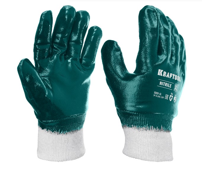 Фото Особопрочные перчатки KRAFTOOL HYKRAFT, L(9), с манжетой, нитриловое покрытие, максимальная защита от нефтепродуктов, износостойкие {11289-L}