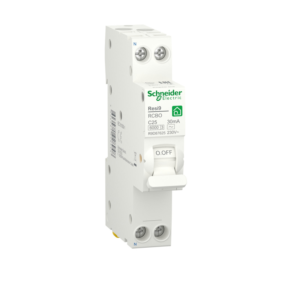 Фото SE RESI9 Автоматический выключатель дифференциального тока (ДИФ) 1P+N С 25А 6000A 30мА 18mm тип AC {R9D87625}