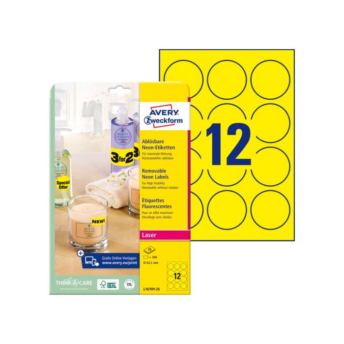 Фото Неоновые круглые этикетки Avery Zweckform, желтые Ø 63.5 мм (12 шт. на листе A4, 25 листов) {L7670Y-25} (1)