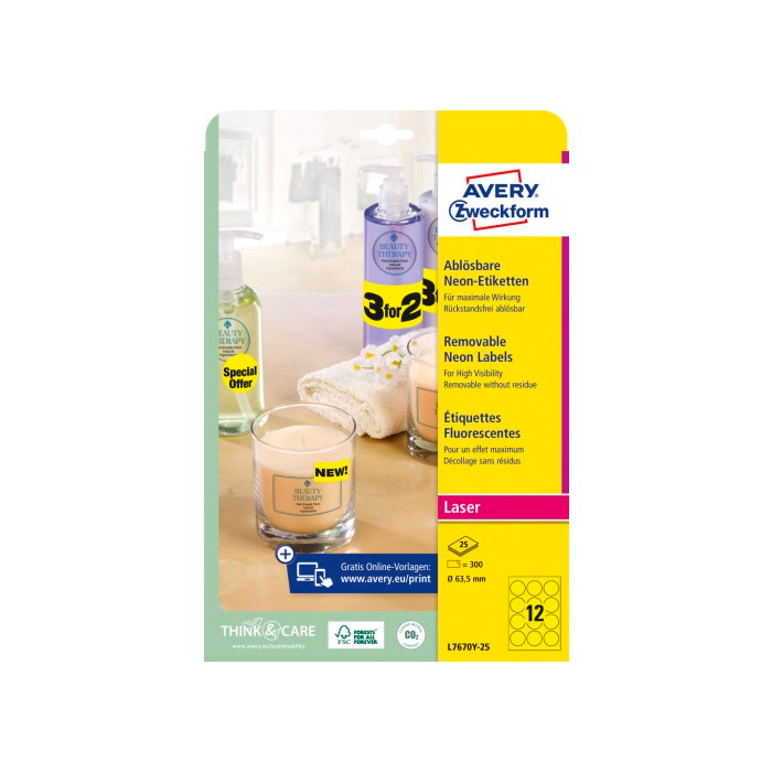 Фото Неоновые круглые этикетки Avery Zweckform, желтые Ø 63.5 мм (12 шт. на листе A4, 25 листов) {L7670Y-25}