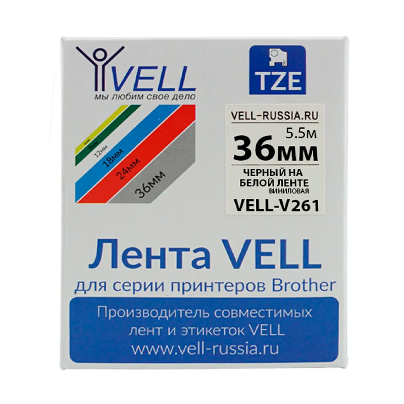 Фото Лента виниловая Vell V-261 (36 мм, черный на белом) для PT9700/P900W {Vell-V261}
