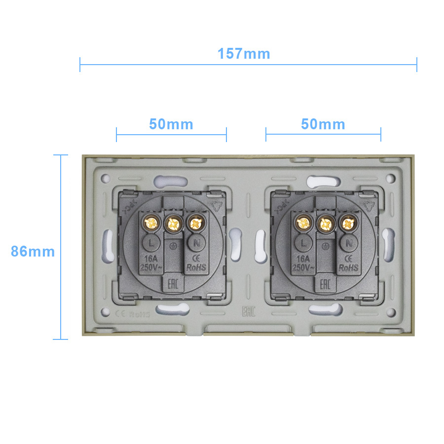 Фото Розетка золотая, электрическая, 2 поста, стеклянная рамка Vell {GD2P-EU} (3)