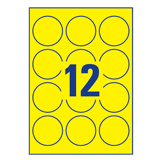 Фото Неоновые круглые этикетки Avery Zweckform, желтые Ø 63.5 мм (12 шт. на листе A4, 25 листов) {L7670Y-25} (1)