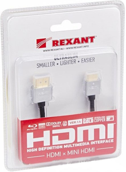 Фото Шнур Rexant, штекер HDMI - штекер mini HDMI, Ultra Slim, 1.5 м (напыление золотом) {17-6713}