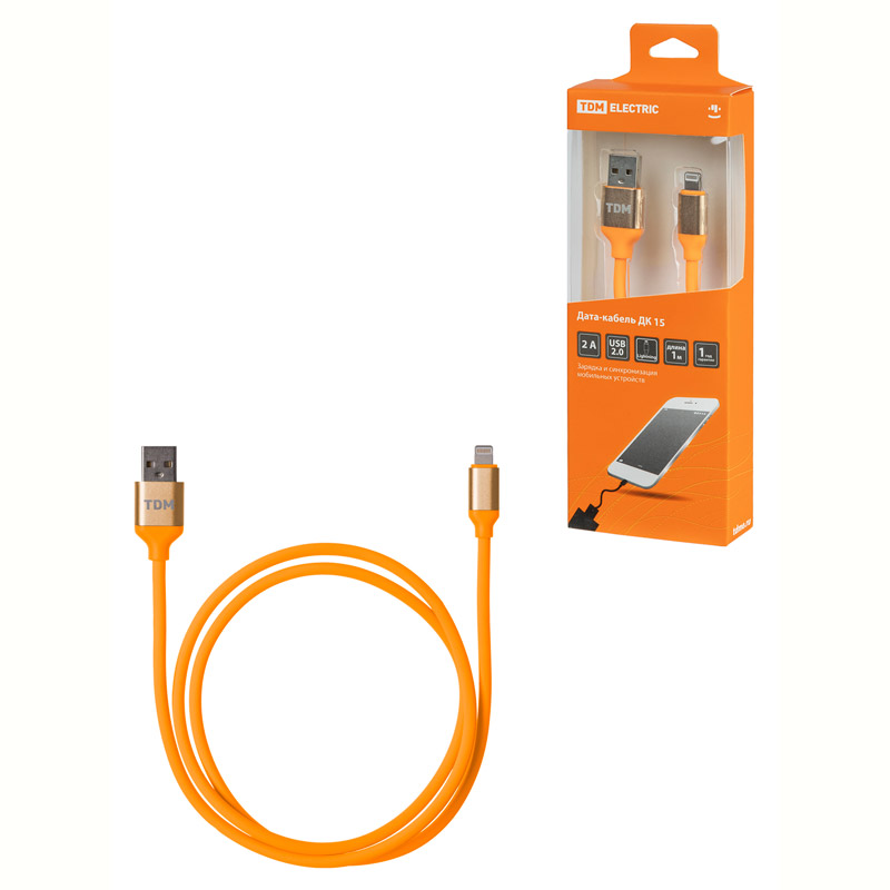 Фото Дата-кабель, ДК 15, USB - Lightning, 1 м, силиконовая оплетка, оранжевый, TDM {SQ1810-0315}
