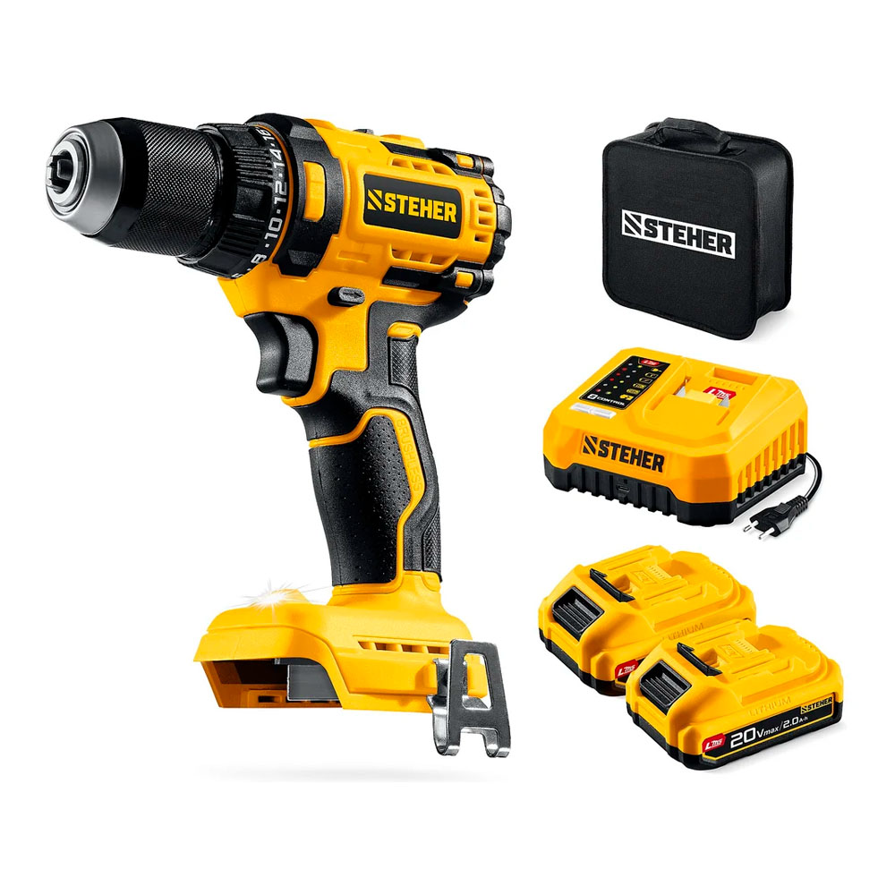 Фото Бесщеточная дрель-шуруповерт, 65 Н·м, 2 АКБ LMS {2 А·ч}, 20 В, сумка, STEHER {CB-65-22} (1)
