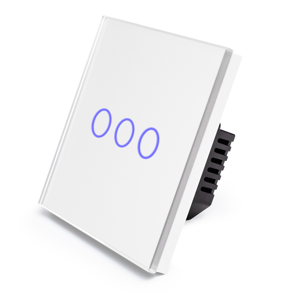 Фото Сенсорный выключатель с нулем, белый, трехклавишный, 1 пост, с Wi-Fi, с Алисой, стеклянная панель Vell {WH1P-3G-S} (1)
