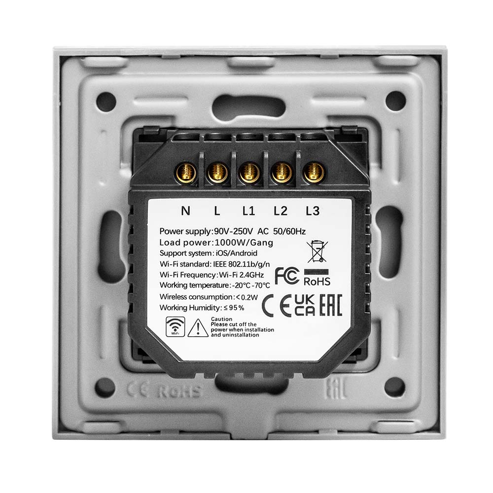 Фото Сенсорный выключатель с нулем, белый, трехклавишный, 1 пост, с Wi-Fi, с Алисой, стеклянная панель Vell {WH1P-3G-S} (2)