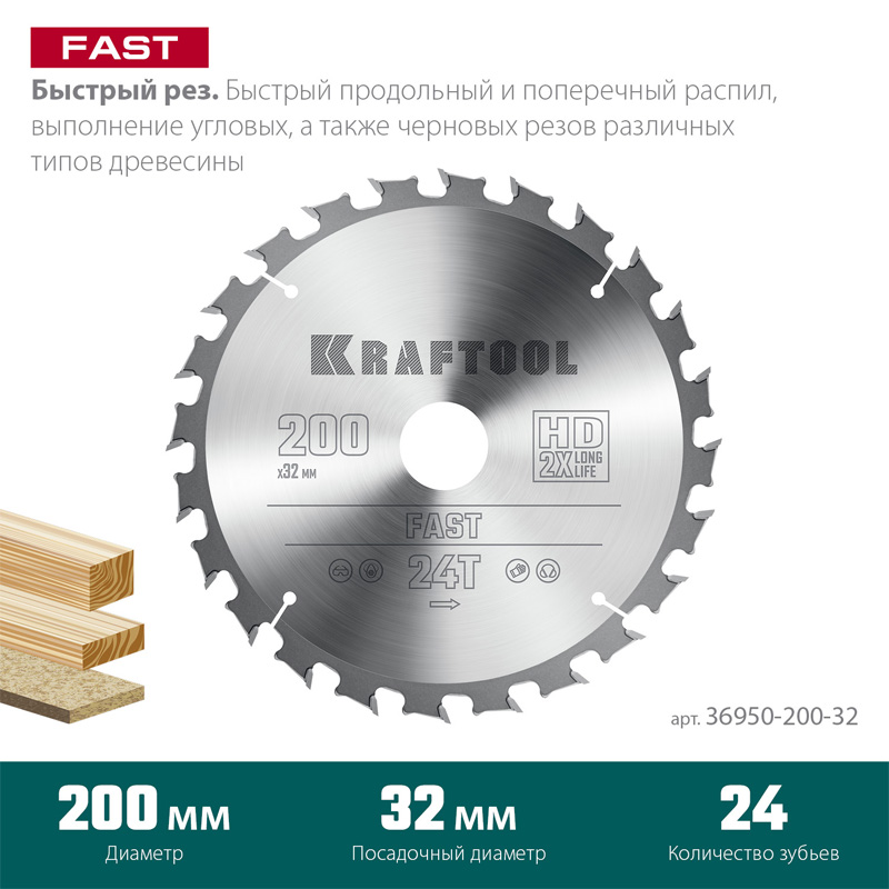 Фото Пильный диск по дереву KRAFTOOL Fast, 200 х 32 мм, 24Т {36950-200-32} (1)