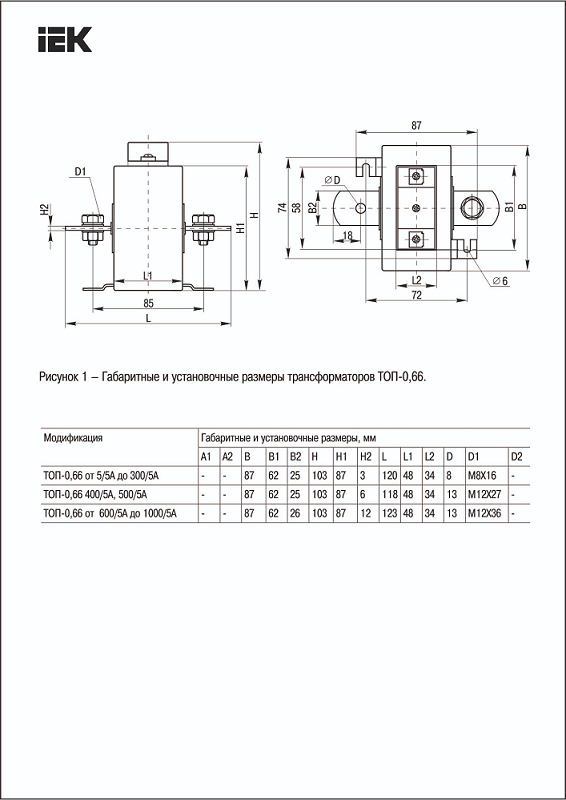 Фото Трансформатор тока ТОП-0.66 100/5А кл. точн. 0.5 5В.А IEK ITP10-2-05-0100 (1)