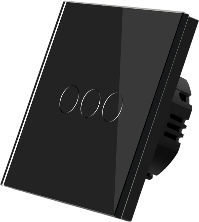 Фото Сенсорный выключатель черный, трехклавишный, 1 пост, стеклянная панель Vell {BK1P-3G}