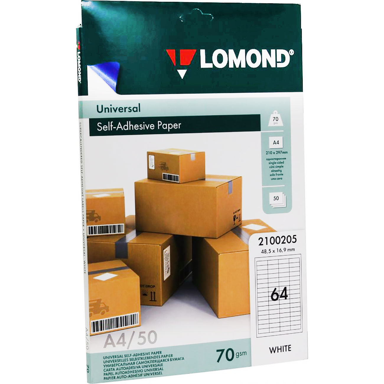 Фото Самоклеящаяся матовая бумага Lomond универсальная для этикеток, A4, 64 дел. (48.5 x 16.9 мм), 70 г/м², 50 л {2100205}