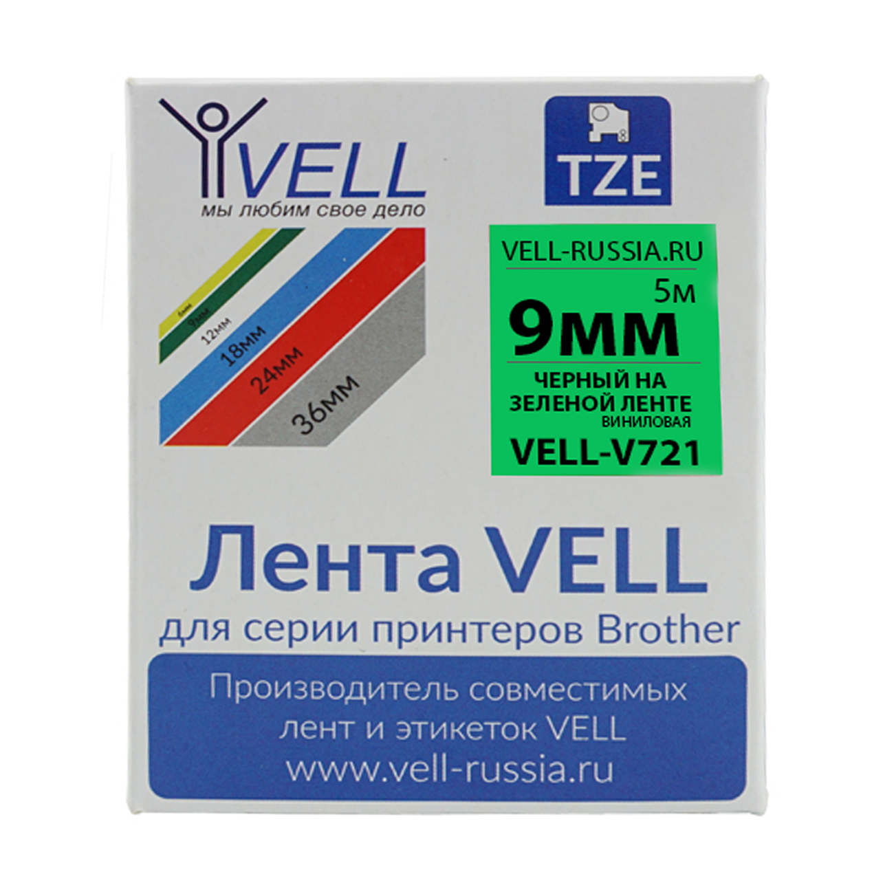 Фото Лента виниловая Vell V-721 (9 мм, черный на зеленом) для PT 1010/1280/D200/H105/E100/ D600/E300/2700/ P700/E550/9700 {Vell-V721}