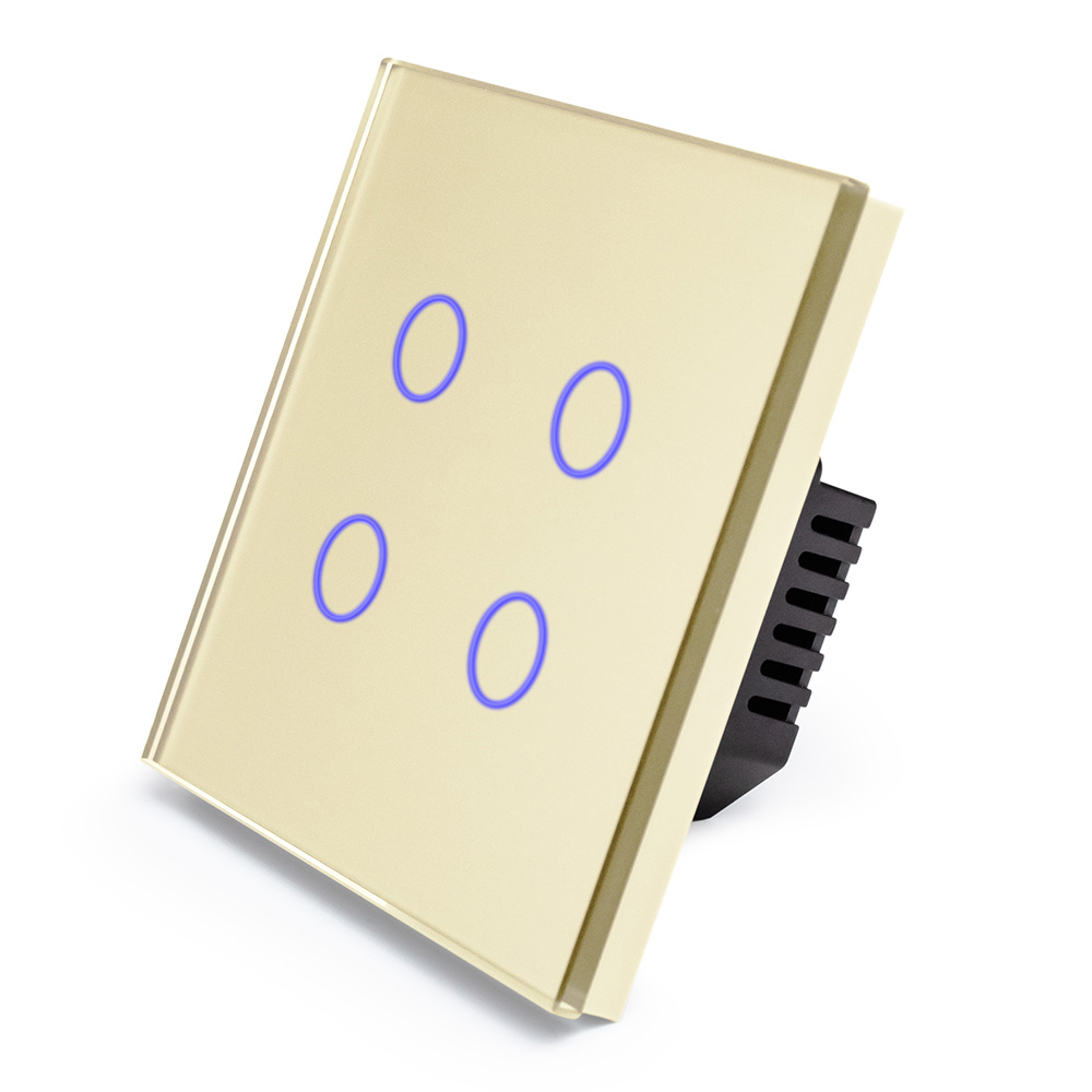 Фото Сенсорный выключатель с нулем, золотой, четырехклавишный, 1 пост, с Wi-Fi, с Алисой, стеклянная панель Vell {GD1P-4G-S} (1)