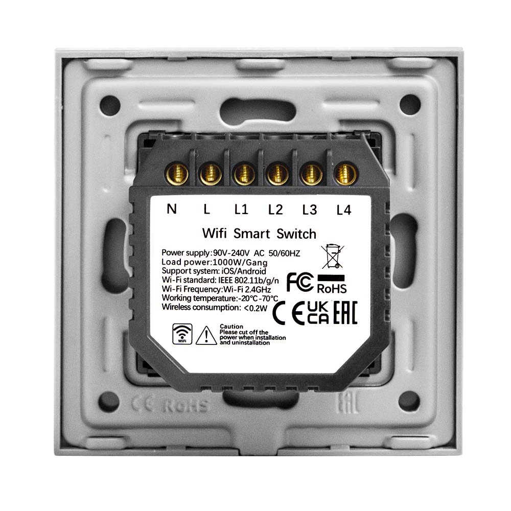 Фото Сенсорный выключатель с нулем, золотой, четырехклавишный, 1 пост, с Wi-Fi, с Алисой, стеклянная панель Vell {GD1P-4G-S} (2)