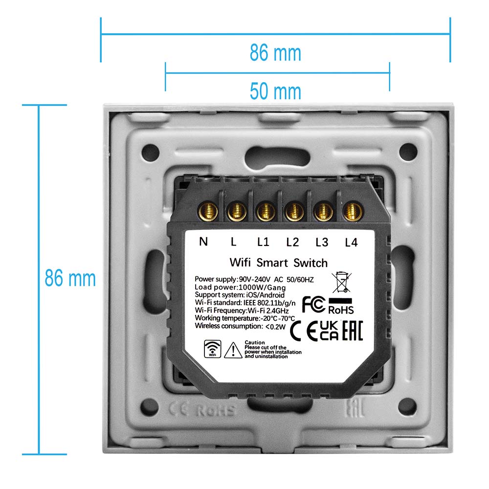Фото Сенсорный выключатель с нулем, золотой, четырехклавишный, 1 пост, с Wi-Fi, с Алисой, стеклянная панель Vell {GD1P-4G-S} (3)
