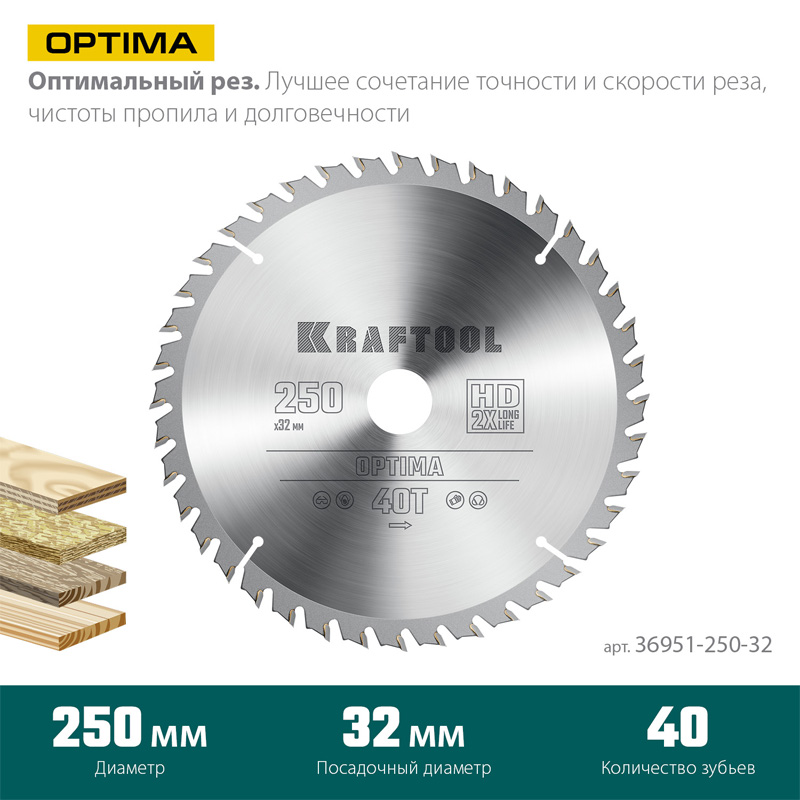 Фото Пильный диск по дереву KRAFTOOL Optima, 250 х 32 мм, 40Т {36951-250-32} (1)