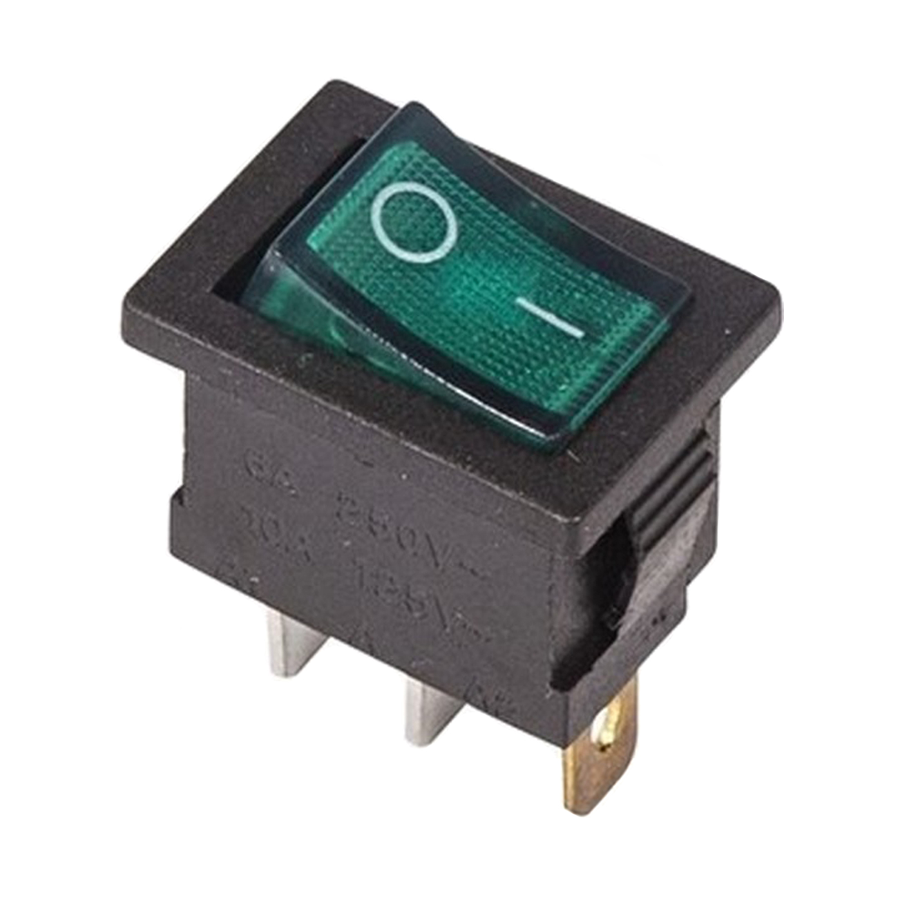 Фото Выключатель клавишный Rexant Mini ON-OFF зеленый с подсветкой (250В 6А (3с)) {36-2153}