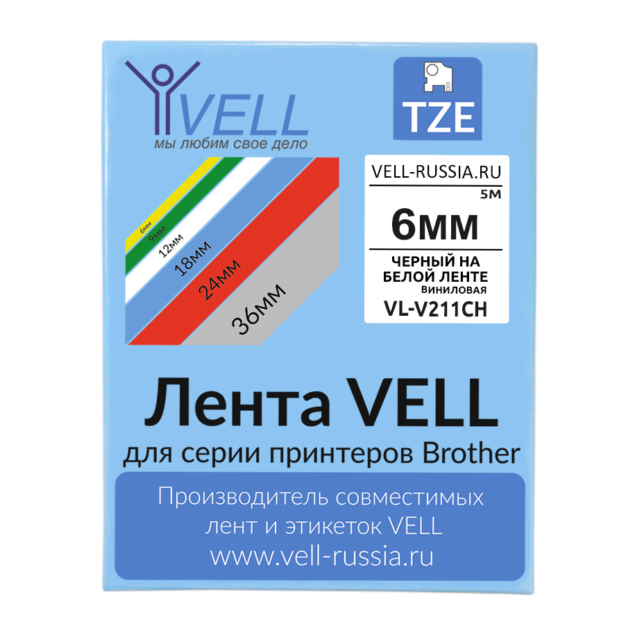 Фото Лента виниловая Vell VL-V211CH (с чипом, 6 мм, черный на белом) для Puty PT-100E/100ECH/Brother D200/E110/ D600/E300/P700/E550/P900 {Vell-V211CH}