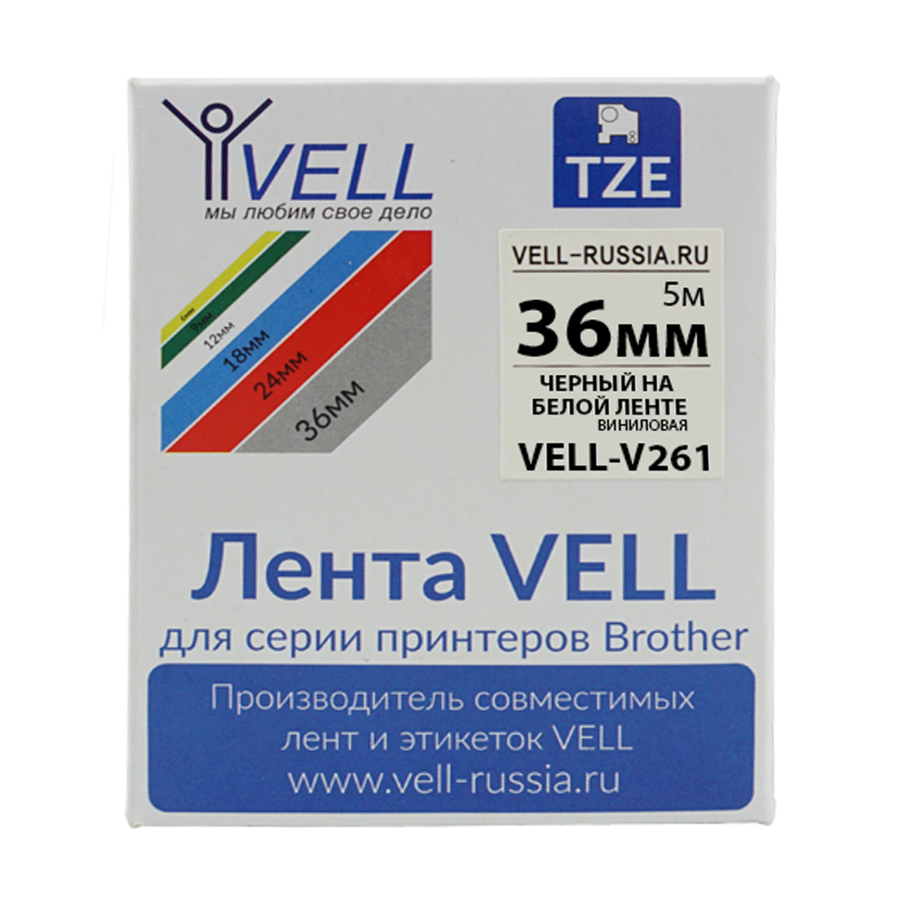 Фото Лента виниловая Vell V-261 (36 мм, черный на белом) для PT9700/P900W {Vell-V261}