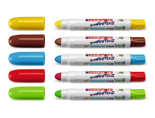 Фото Набор маркеров меловых для окон Edding FUN, смываемые 2-6 мм, 5 цветов, картонная коробка {E-16#5S} (1)