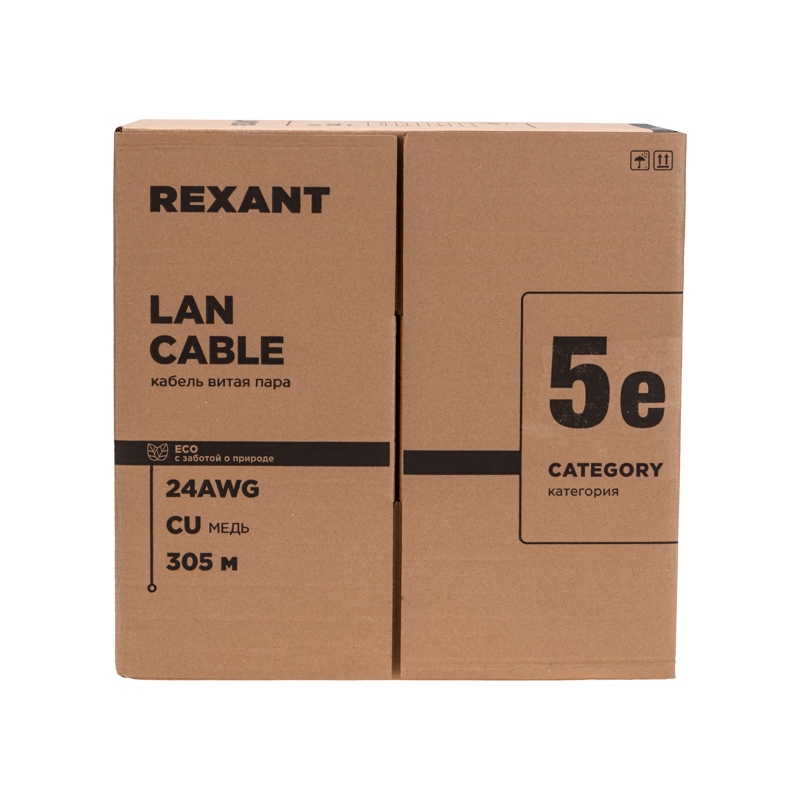 Фото Кабель витая пара U/UTP, CAT 5e, PVC нг(А)-LS, 4х2х0,52мм, 4PR, 24AWG, INDOOR, SOLID, серый, 305м, РФ REXANT {01-0041-R} (1)