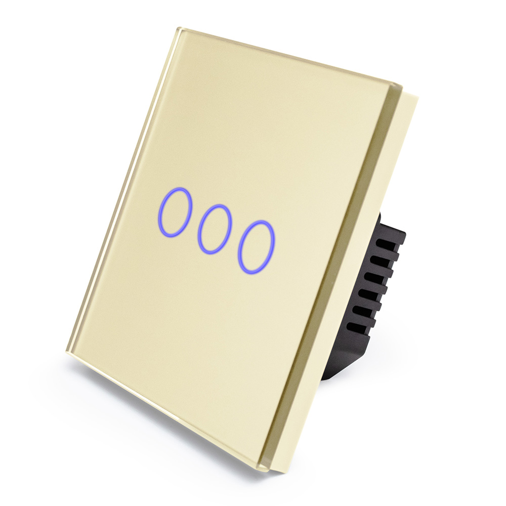Фото Сенсорный выключатель с нулем, золотой, трехклавишный, 1 пост, с Wi-Fi, с Алисой, стеклянная панель Vell {GD1P-3G-S} (1)