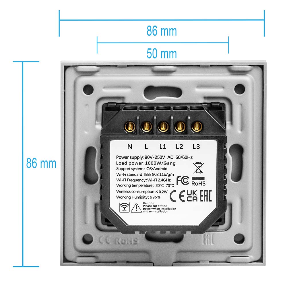 Фото Сенсорный выключатель с нулем, золотой, трехклавишный, 1 пост, с Wi-Fi, с Алисой, стеклянная панель Vell {GD1P-3G-S} (3)