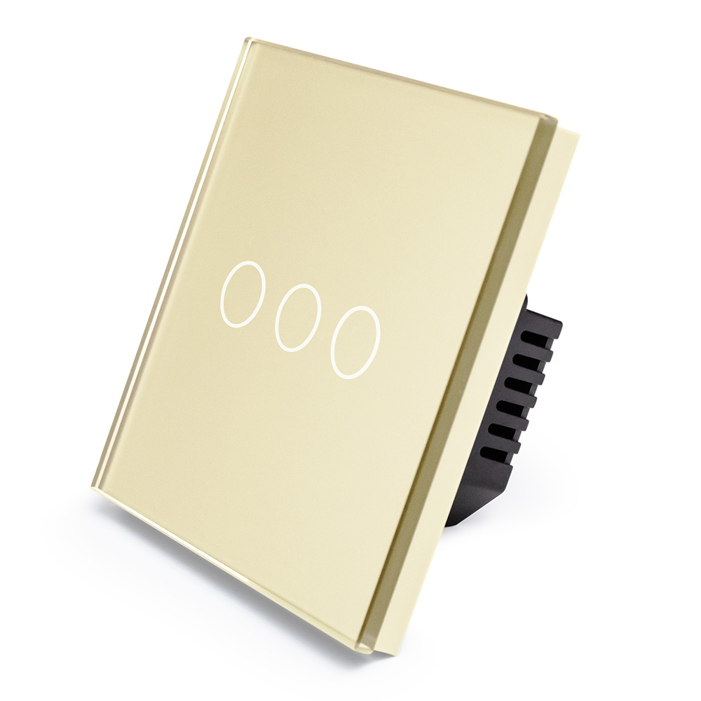 Фото Сенсорный выключатель с нулем, золотой, трехклавишный, 1 пост, с Wi-Fi, с Алисой, стеклянная панель Vell {GD1P-3G-S}