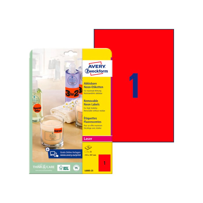 Фото Неоновые этикетки Avery Zweckform, красные 210x297 мм (1 шт. на листе A4, 25 листов) {L6005-25} (1)