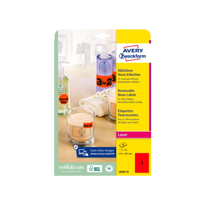 Фото Неоновые этикетки Avery Zweckform, красные 210x297 мм (1 шт. на листе A4, 25 листов) {L6005-25}