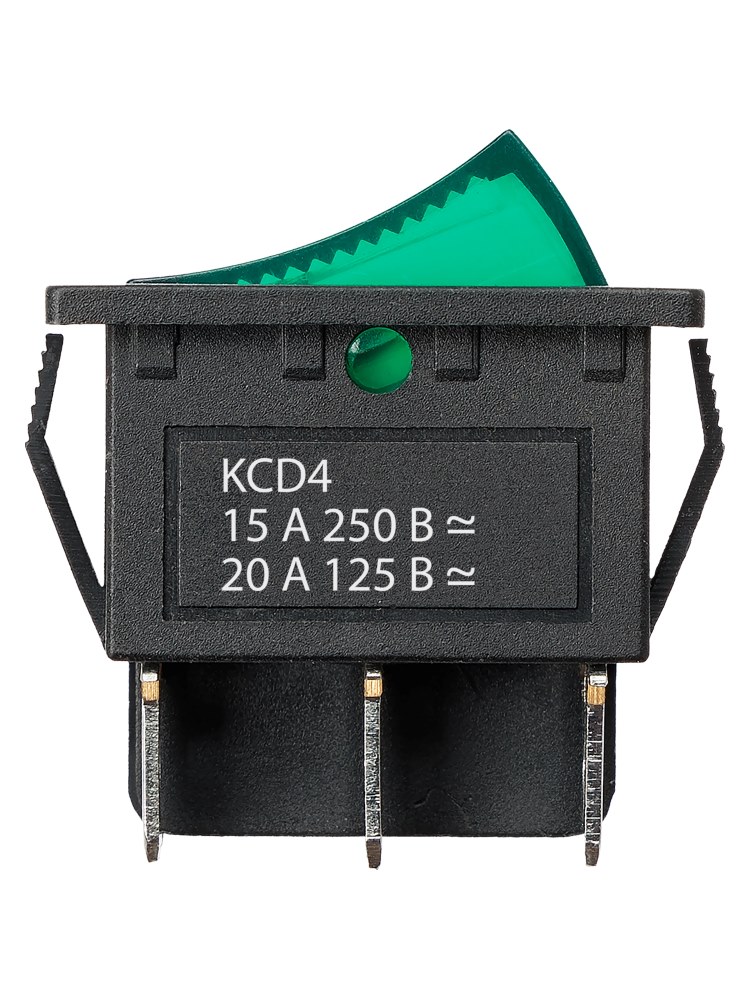 Фото Переключатель клавишный KCD4-203N 250В AC/DC, 2P, 15А, (6с), ON-OFF-ON, с нейтралью, черный корпус, зеленая клавиша, LED TDM {SQ0703-0052} (2)