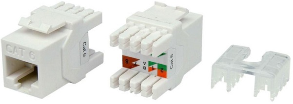 Фото Hyperline KJ8-8P8C-C6-180-WH Вставка Keystone Jack RJ-45(8P8C), категория 6, тип 180 градусов, белая {426189}