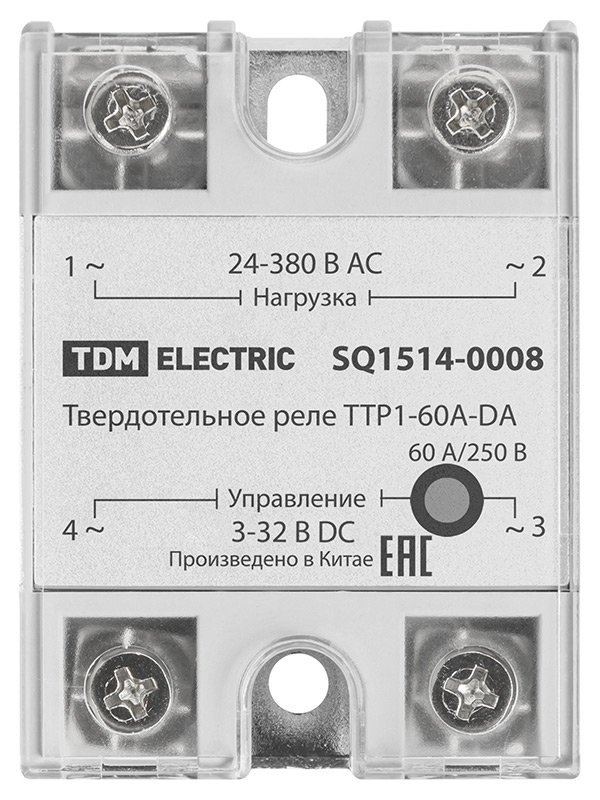 Фото Твердотельное реле ТТР1-60А-DА, 1ф, 60А, упр: 3-32В DС, нагр: 24-380В АС TDM {SQ1514-0008} (1)