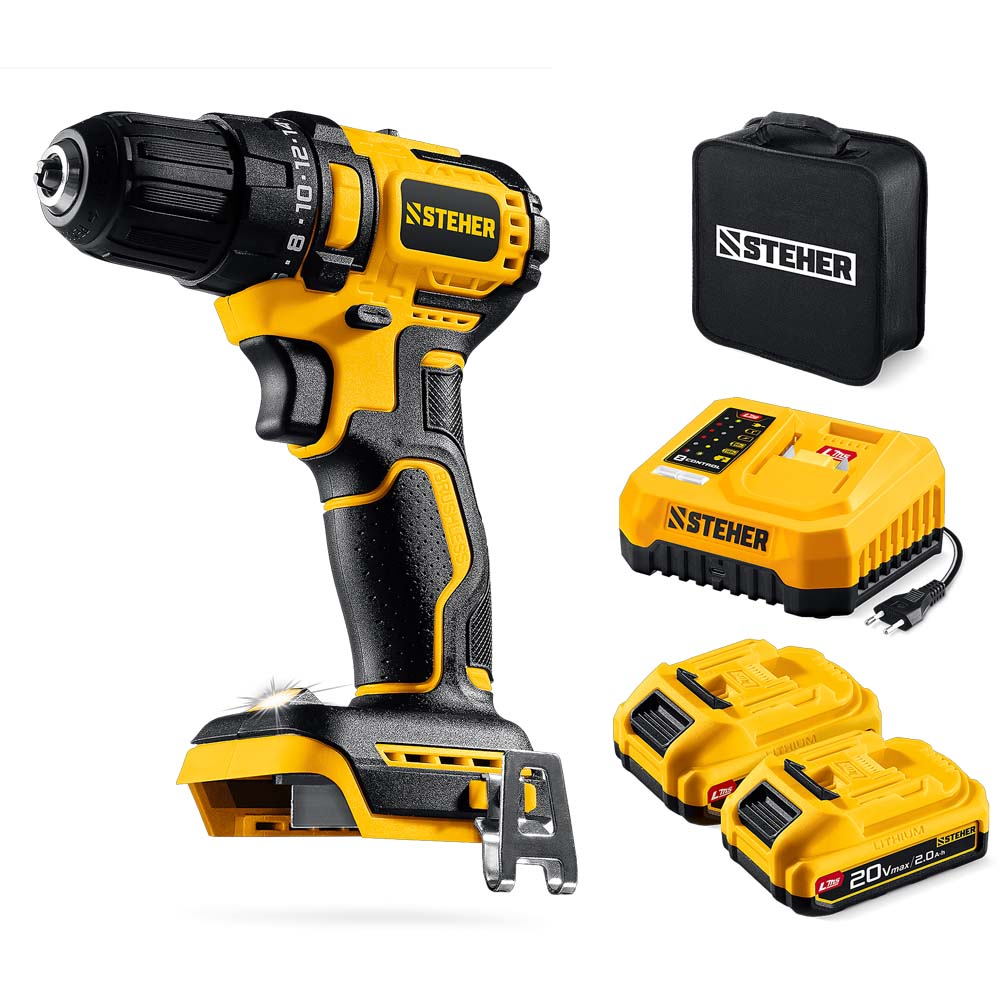 Фото Бесщеточная дрель-шуруповерт, 45 Н·м, 2 АКБ LMS {2 А·ч}, 20 В, сумка, STEHER {CB-45-22}