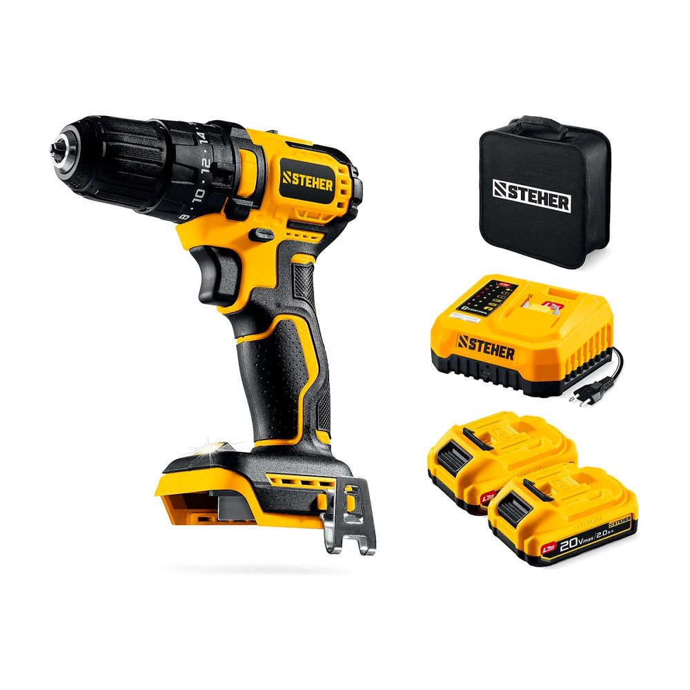 Фото Бесщеточная ударная дрель-шуруповерт, 45 Н·м, 2 АКБ LMS {2 А·ч}, 20 В, сумка, STEHER {CBS-45-22} (2)