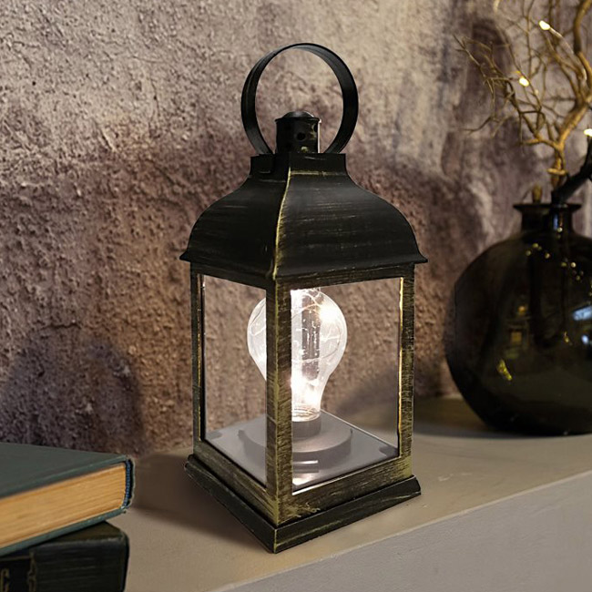 Фото Декоративный фонарь с лампочкой, бронзовый корпус, размер 10.5х10.5х22,5 см, цвет теплый белый {513-053}