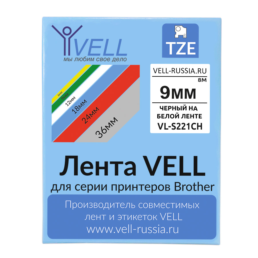 Фото Лента Vell VL-S221CH (с чипом, 9 мм, черный на белом) для Puty PT-100E/100ECH/Brother D200/E110/ D600/E300/P700/E550/P900 {Vell-S221CH}
